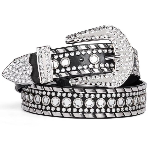Black Western Leather Belt Bling Crystal Diamond Studded Fashion waistband 